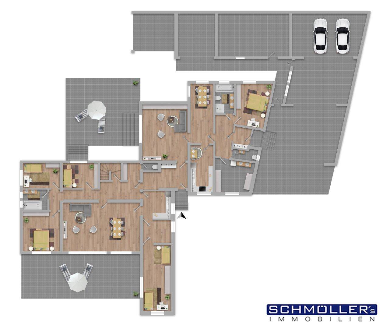 Detaillierter Grundriss des Hauses mit Möblierung, Terrassen und Parkplätzen.