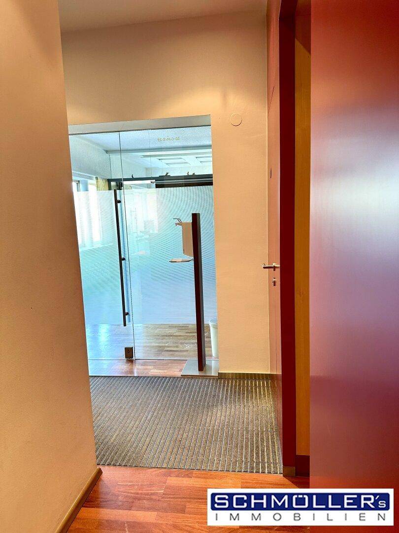 Heller Flur mit Holzboden und einer modernen Glastür, die zu weiteren Räumen führt.