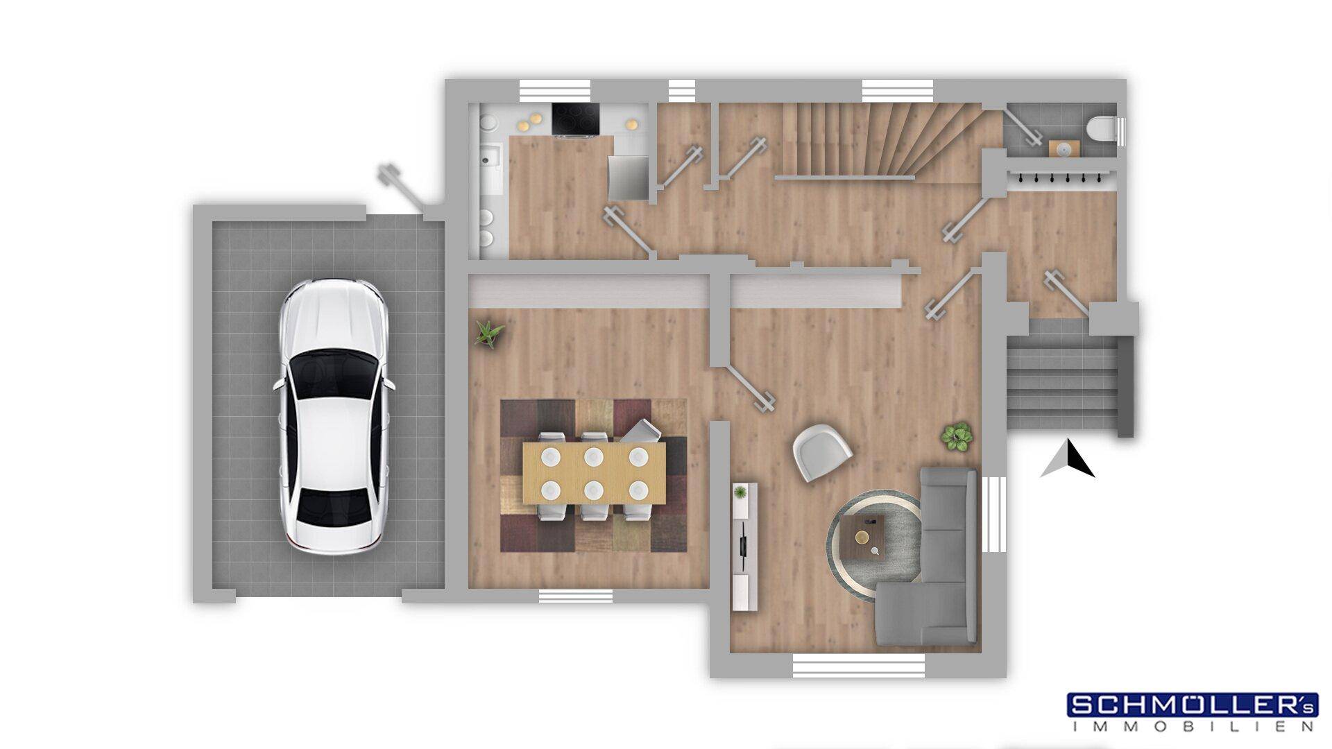Farbiger Grundriss des Erdgeschosses mit offener Wohnküche, Wohnbereich und Garage.