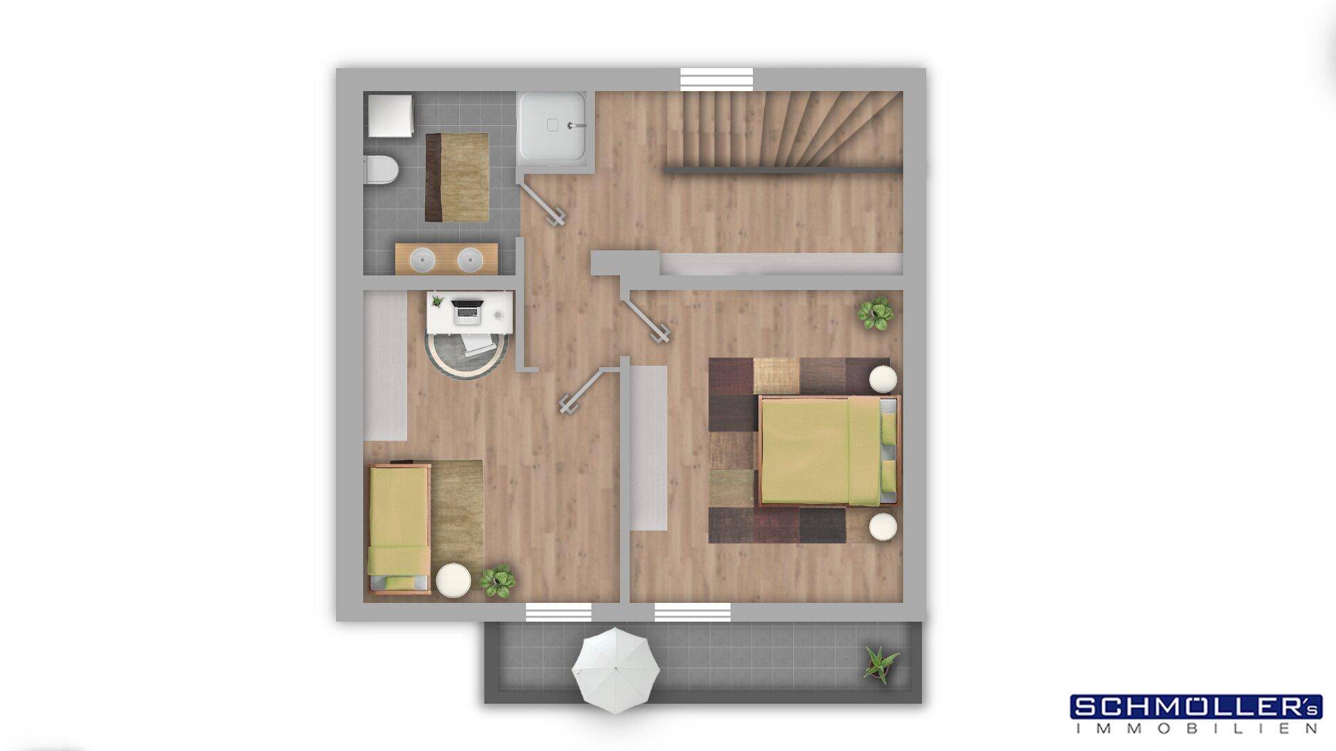 Farbiger Grundriss des Obergeschosses mit zwei Schlafzimmern, Badezimmer und Balkon.