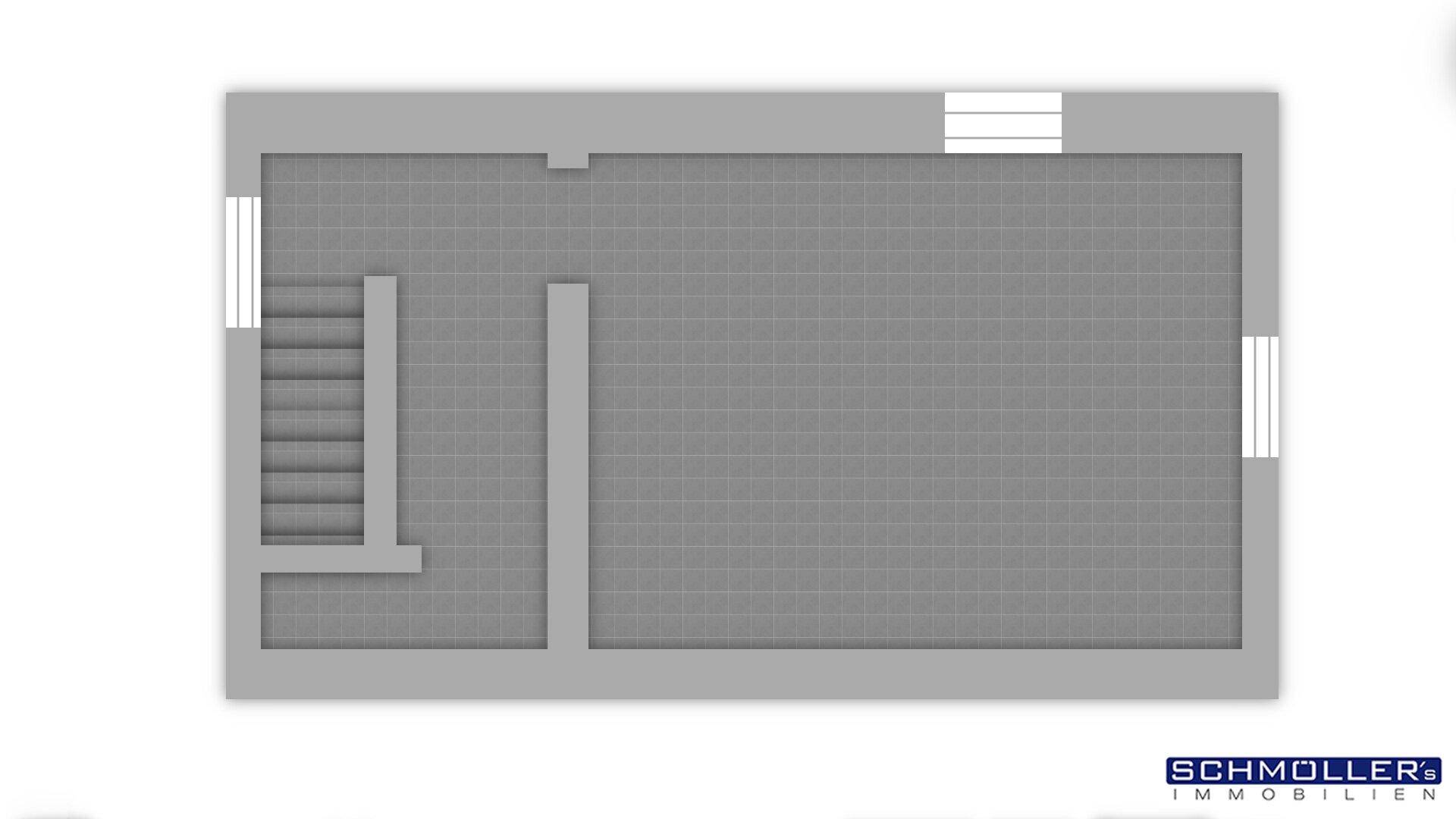 Grauer Grundriss des Kellergeschosses mit Treppe und angedeuteten Fenstern.