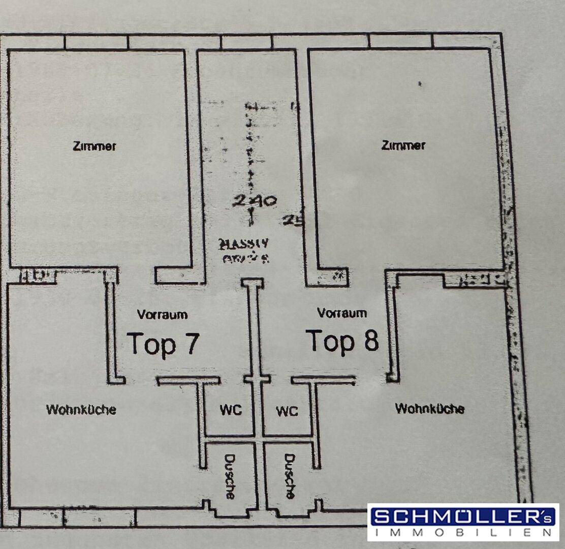 Grundriss für zwei Wohneinheiten (Top 7 und Top 8) mit Zimmern, Wohnküche, WC und Dusche.