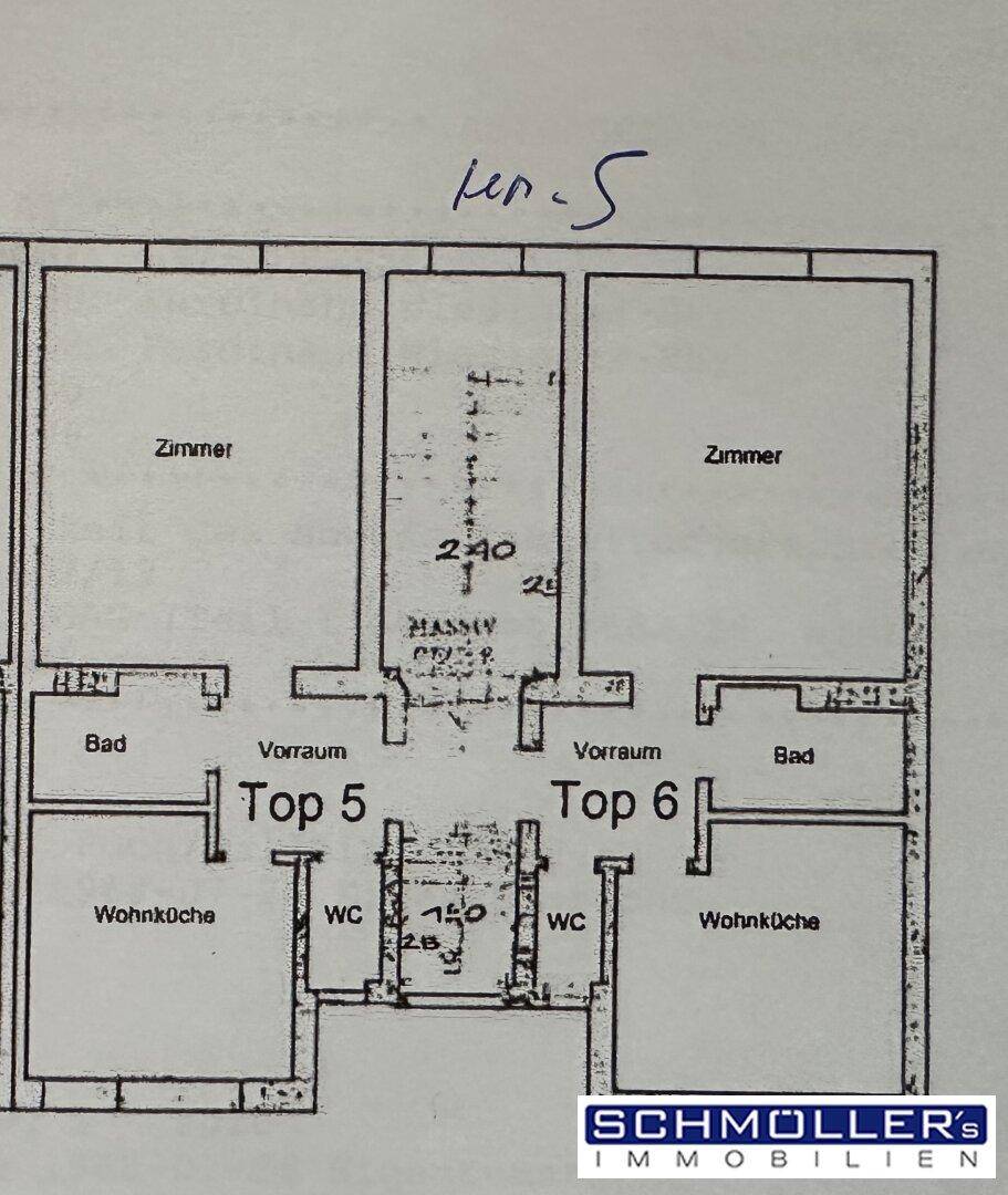 Grundriss für zwei Wohneinheiten (Top 5 und Top 6) mit Zimmern, Wohnküche, WC und Dusche.