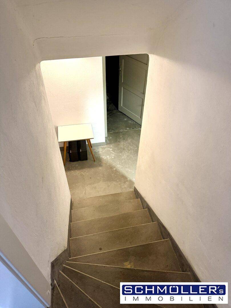 Treppenabgang in den Kellerbereich mit einfachen Stufen und weiß gestrichenen Wänden.