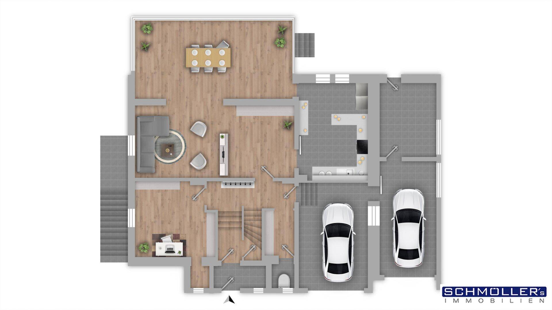 Detaillierter Grundriss des Erdgeschosses mit Wohnbereich, Küche und Doppelgarage.