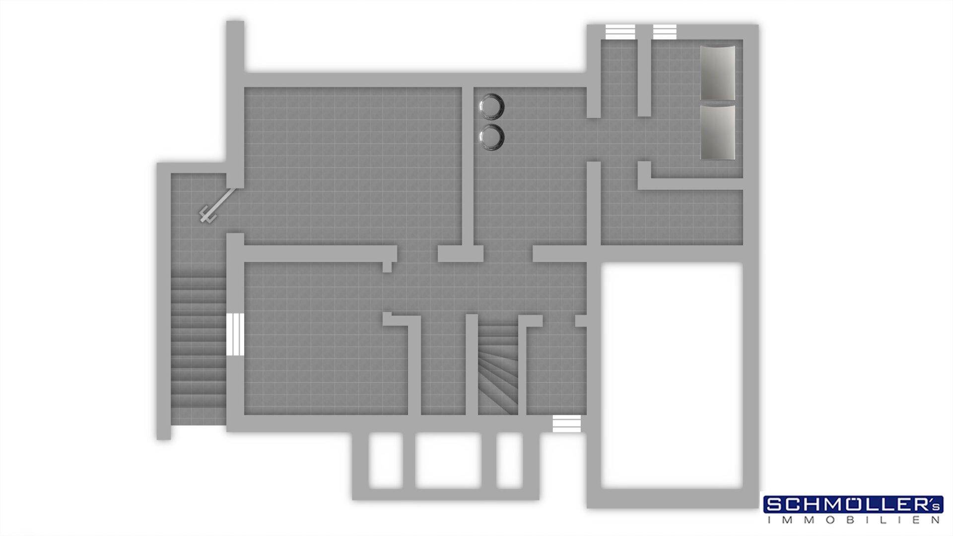Grundriss des Kellergeschosses mit verschiedenen Kellerräumen und Treppenaufgang.