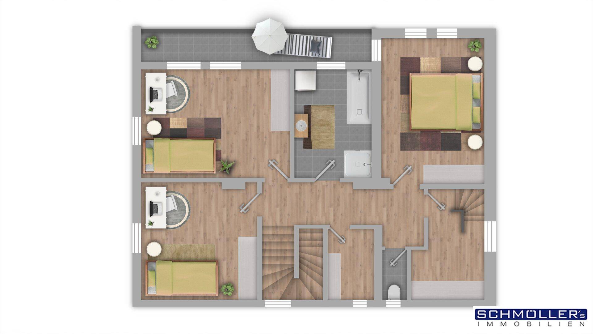 Grundriss des Obergeschosses mit Schlafzimmern, Badezimmer und Balkon.