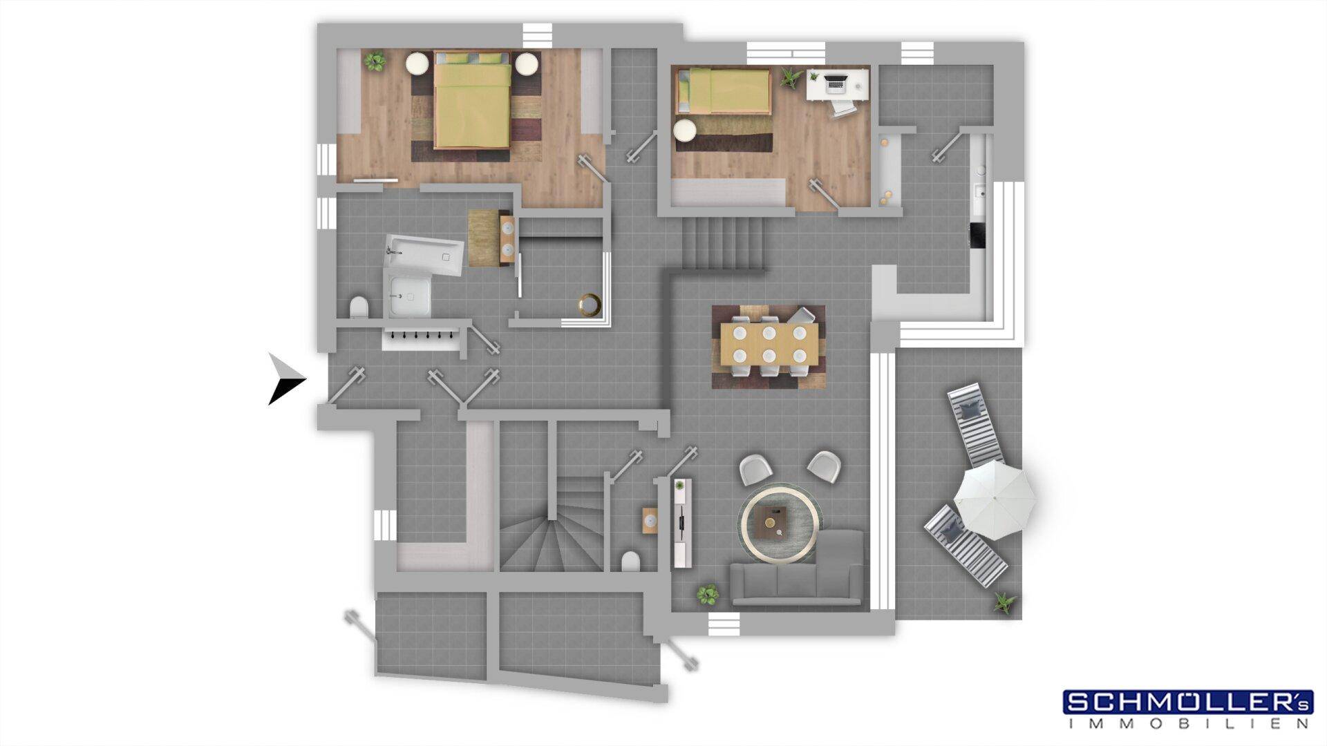 Detaillierter Grundriss mit Schlafzimmern, Wohnbereich und großer Terrasse.