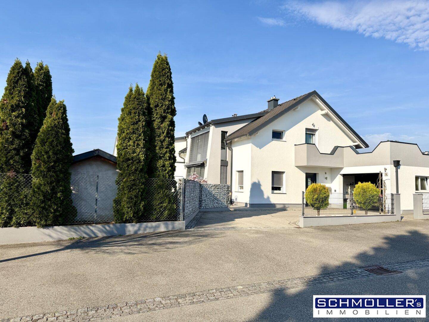 Ansicht des modernen Einfamilienhauses von der Straße mit gepflegter Auffahrt.