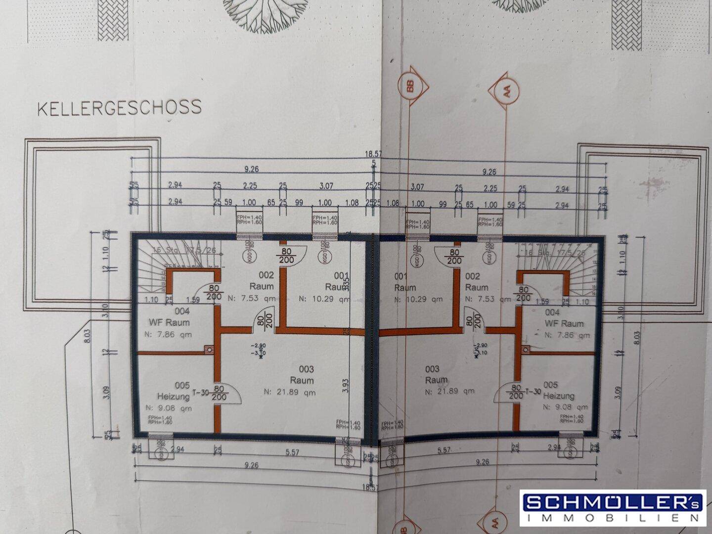 Technischer Grundriss des Kellergeschosses mit Heizungsraum und weiteren Räumen.