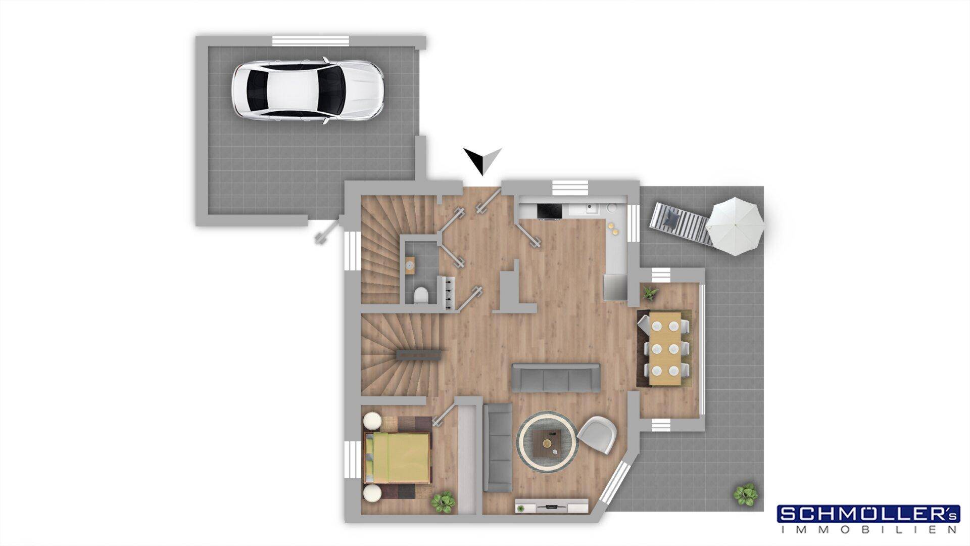 Detaillierter Grundriss des Erdgeschosses mit offenem Wohnbereich und Terrasse.