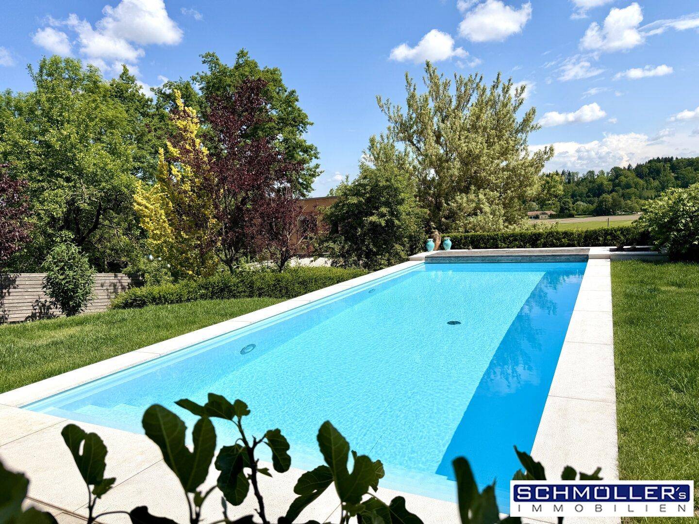 Großzügiger Swimmingpool im Garten, umgeben von üppigem Grün und blühenden Pflanzen.