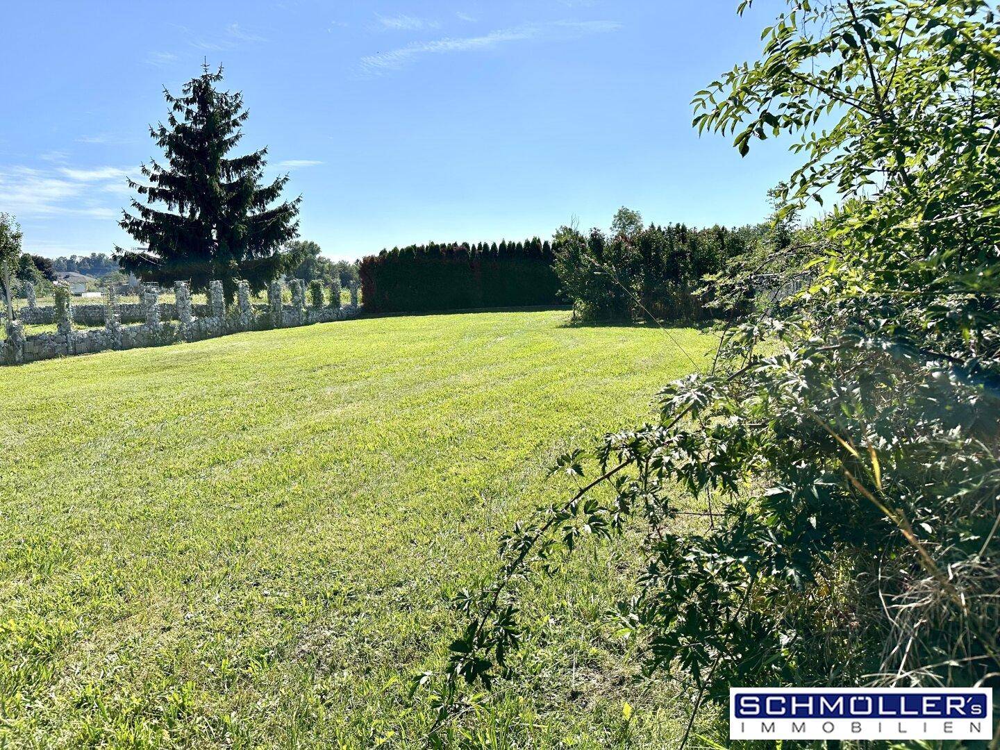 Weitläufiger Gartenbereich mit gepflegtem Rasen, hohen Bäumen und einer Steinmauer unter blauem Himmel.
