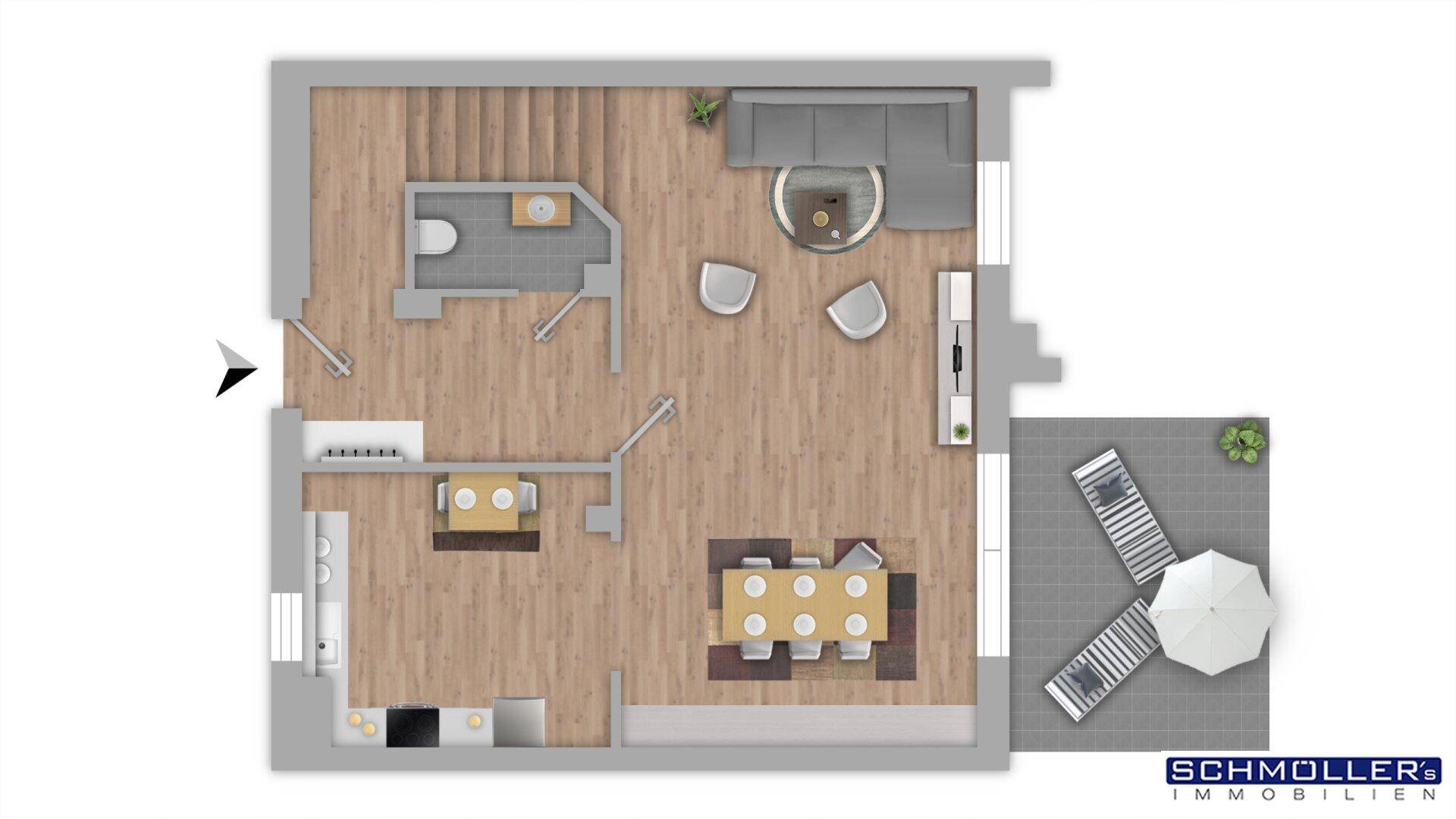 Grundriss des Erdgeschosses mit offenem Wohnbereich, Küche, Esszimmer und direktem Zugang zur Terrasse.
