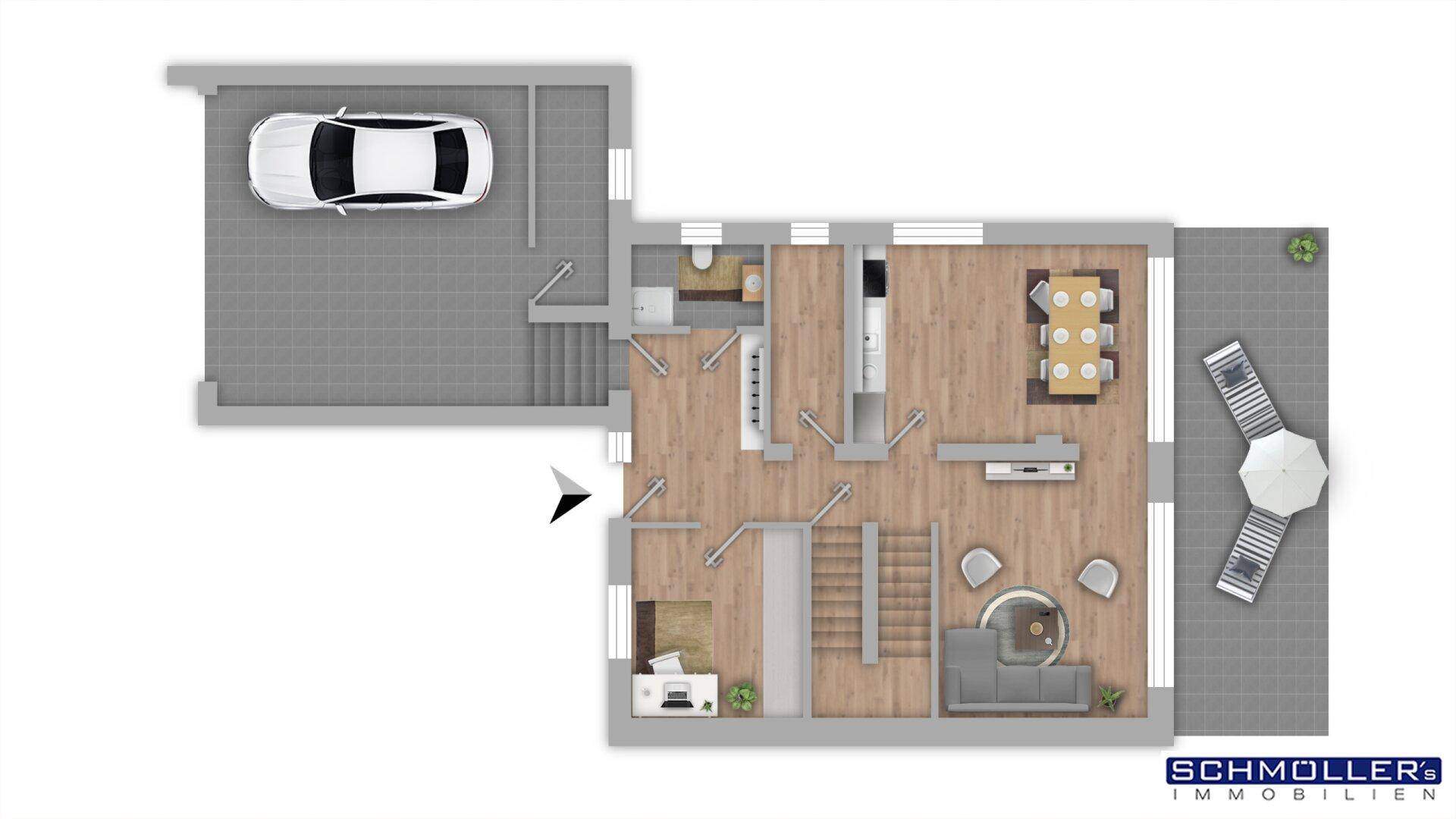 Grundriss des Erdgeschosses mit offenem Wohnbereich, Küche, Gäste-WC und Zugang zur Terrasse sowie Garage.