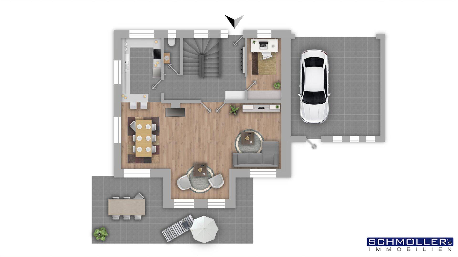 Grundriss des Erdgeschosses mit offenem Wohn-Essbereich, Küche, Büro, Gäste-WC und Zugang zur Terrasse sowie Garage.