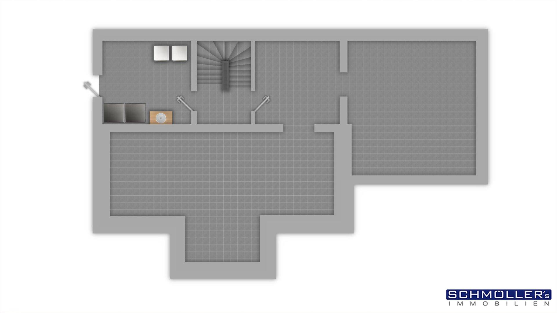 Grundriss des Kellergeschosses mit Hauswirtschaftsraum, Abstellflächen und Treppenzugang.