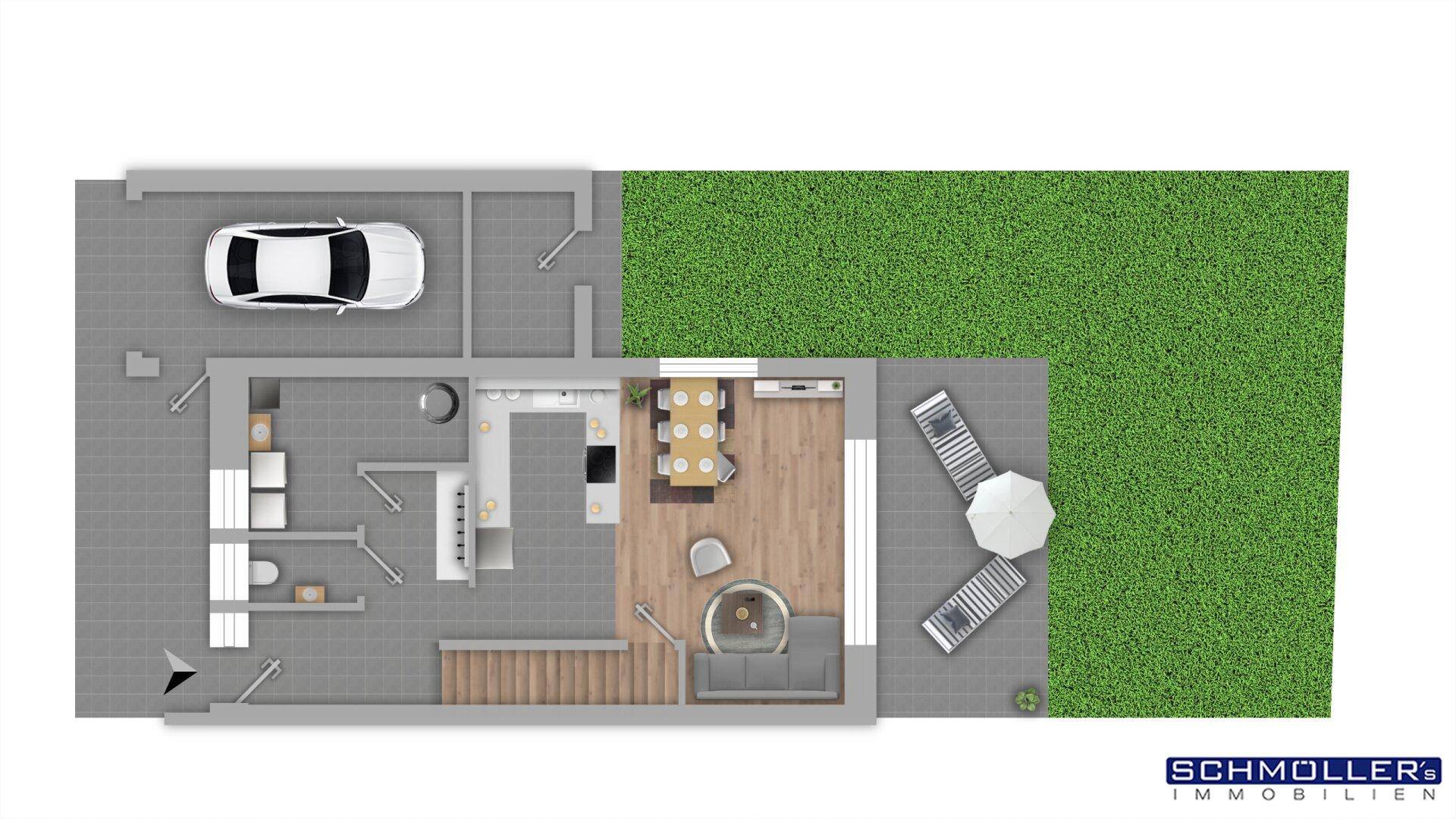 Grundriss des Erdgeschosses mit offener Küche, Wohnbereich, Terrasse und Garten.