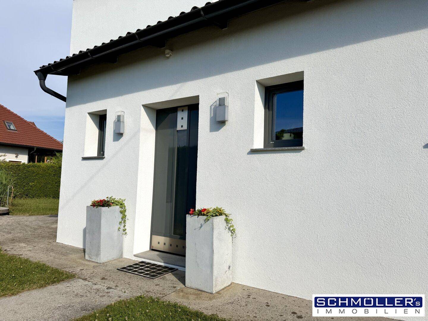 Eingangsbereich des Hauses mit moderner Haustür, kleinen Fenstern und dekorativen Pflanzkübeln.