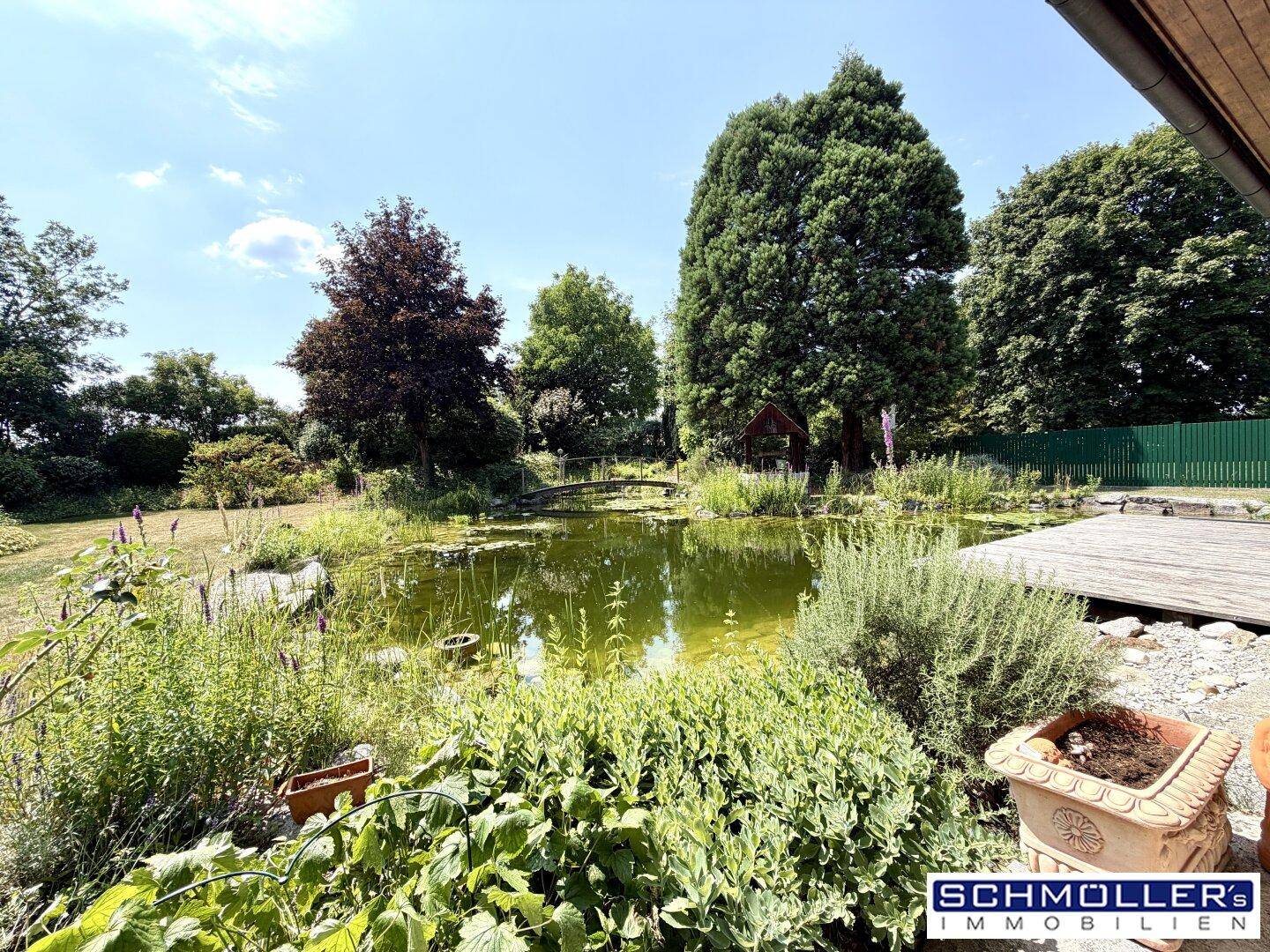 Idyllischer Naturbadeteich im weitläufigen Garten, umgeben von üppiger Vegetation und Bäumen.
