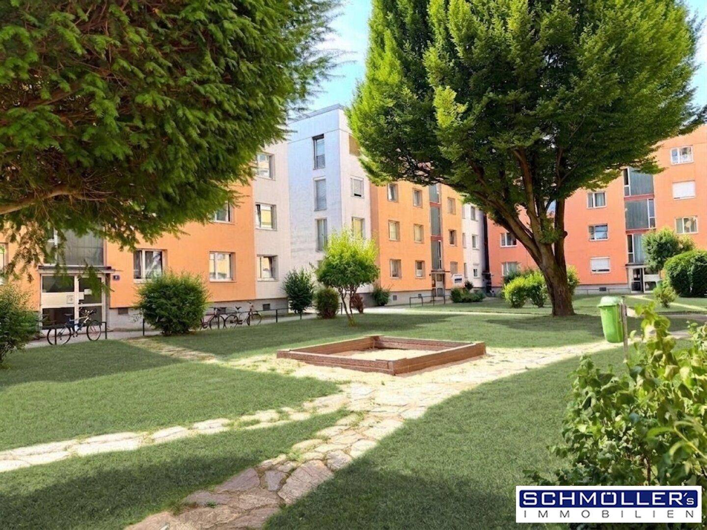 Grüner Innenhof mit Rasenfläche, Bäumen und einem Sandkasten zwischen den Wohngebäuden.