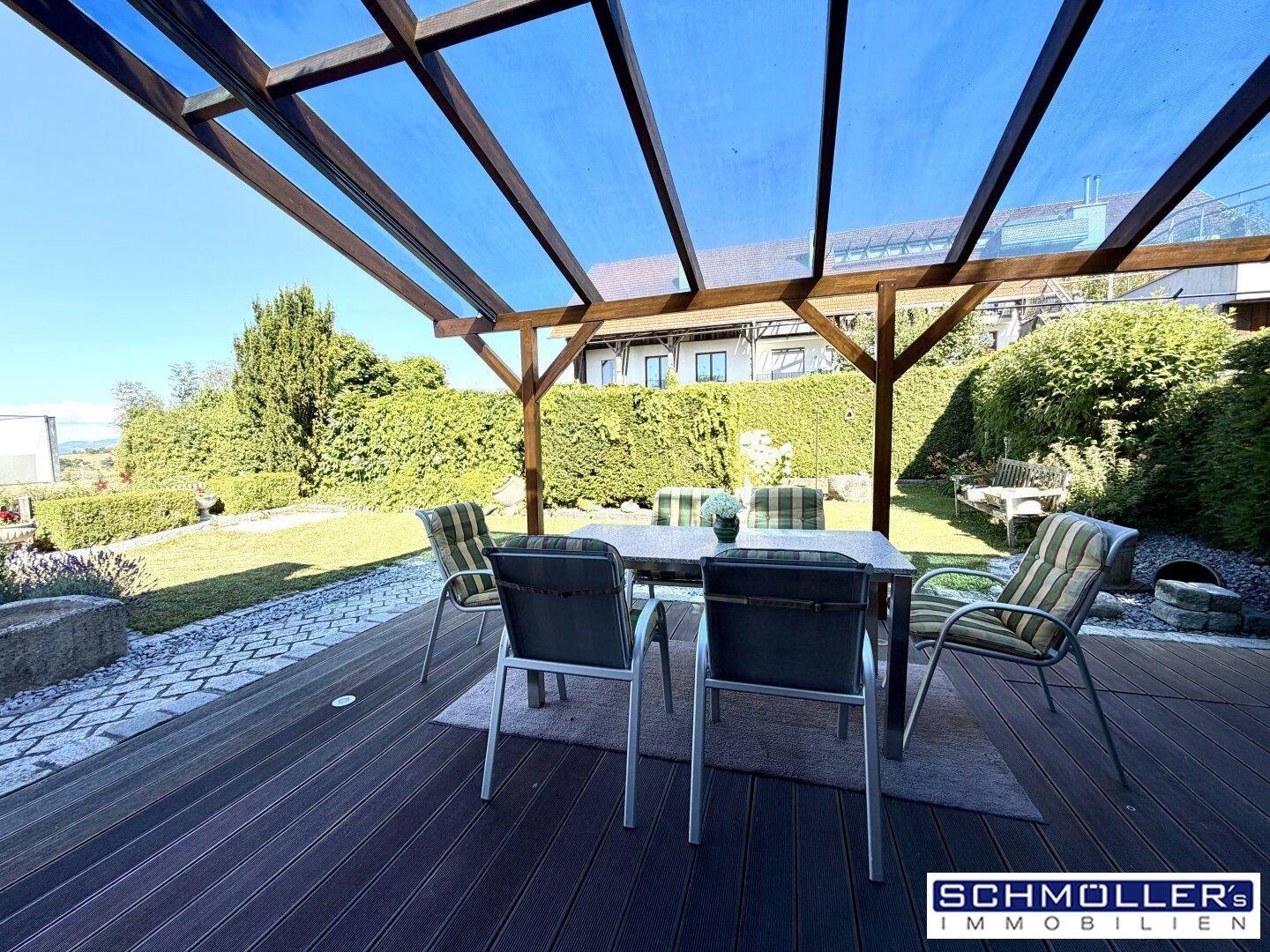 Überdachte Terrasse mit Holzboden und Gartenmöbeln, ideal für entspannte Stunden im Freien.