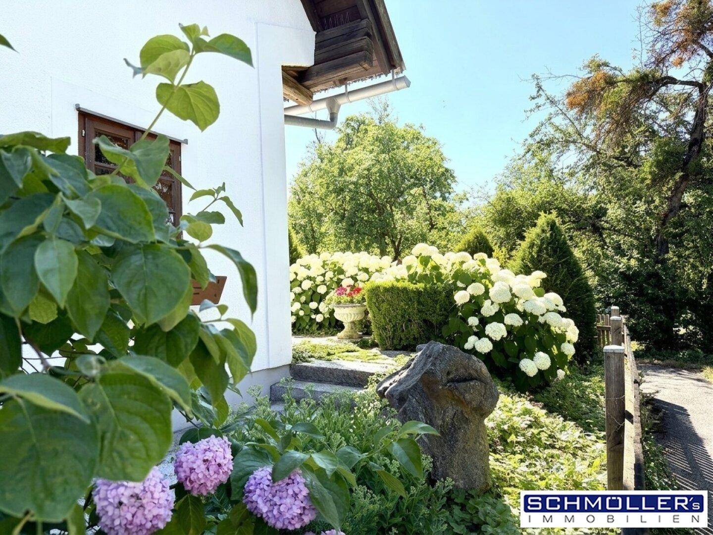 Malerischer Gartenweg umgeben von üppigen Pflanzen und blühenden Hortensien.
