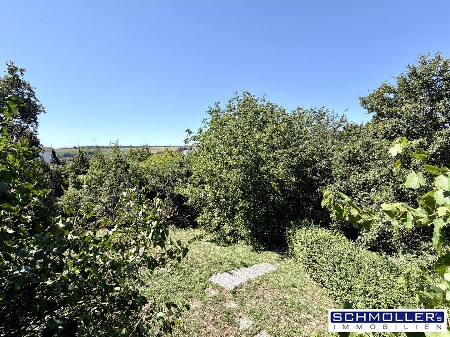 Weitläufiger Blick über die grüne Landschaft mit vielen Bäumen und einem klaren blauen Himmel.