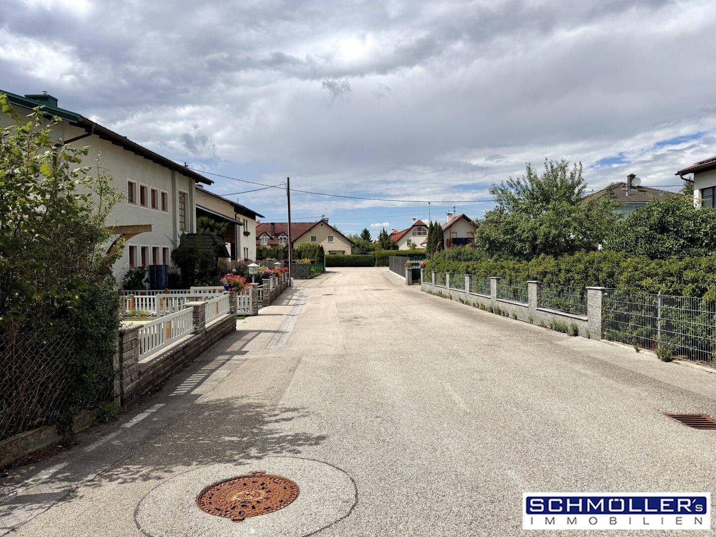 Ruhige Wohnstraße mit Einfamilienhäusern und gepflegten Vorgärten unter bewölktem Himmel.