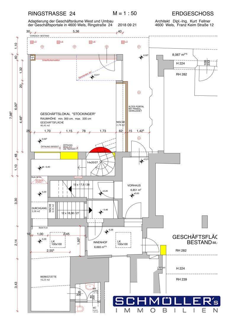 Grundriss des Erdgeschosses mit Geschäftsflächen, Treppenhaus und Nebenräumen, Maßstab 1:50.