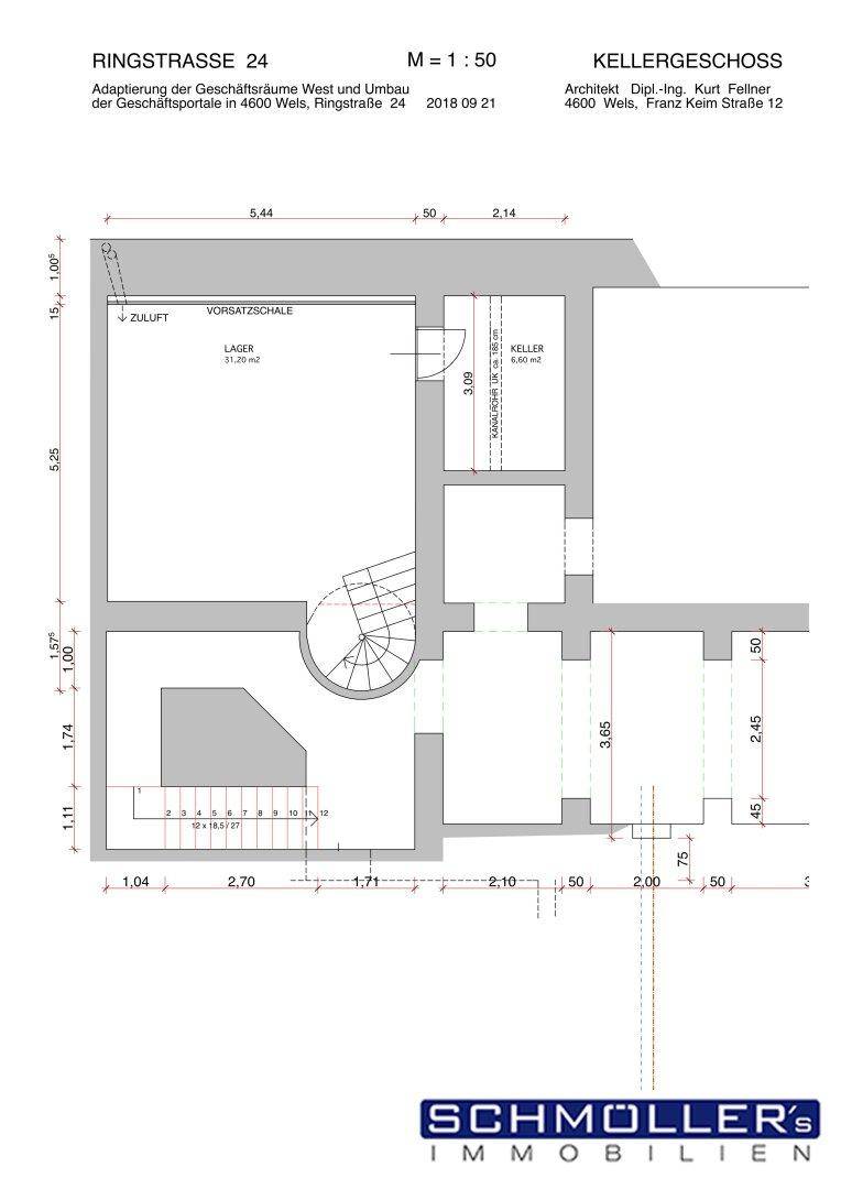 Grundriss des Kellergeschosses mit Lagerflächen und Zugang zur Wendeltreppe, Maßstab 1:50.