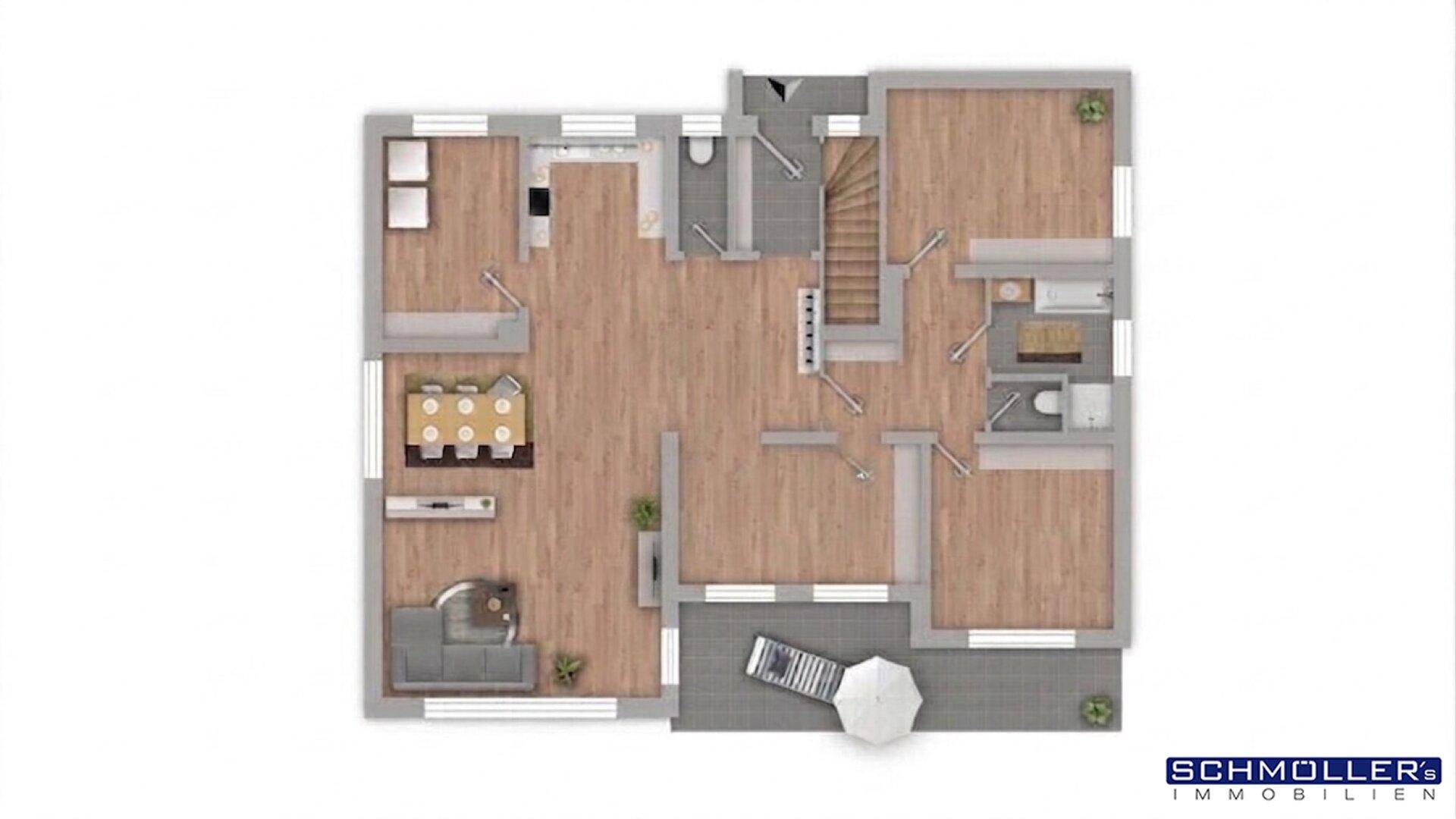 Detaillierter Grundriss des Erdgeschosses mit Wohnbereich, Esszimmer und Terrasse.
