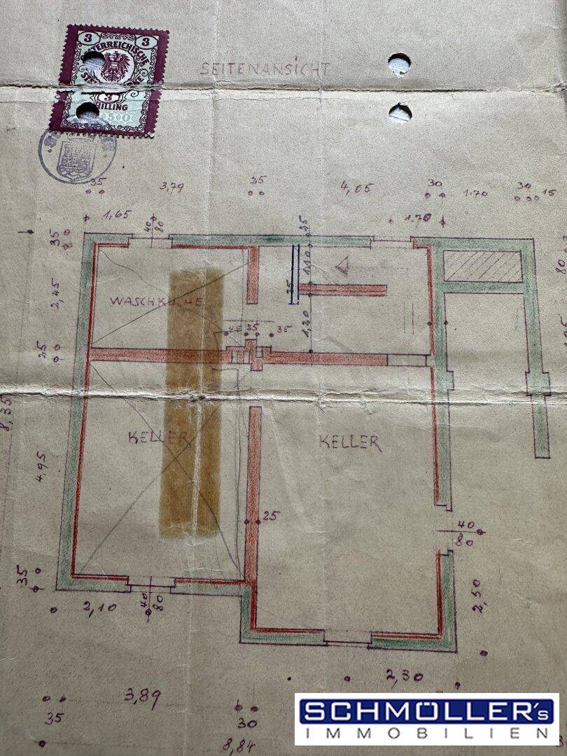 Historischer Grundrissplan zeigt den Kellerbereich mit Waschküche und Lagerräumen.