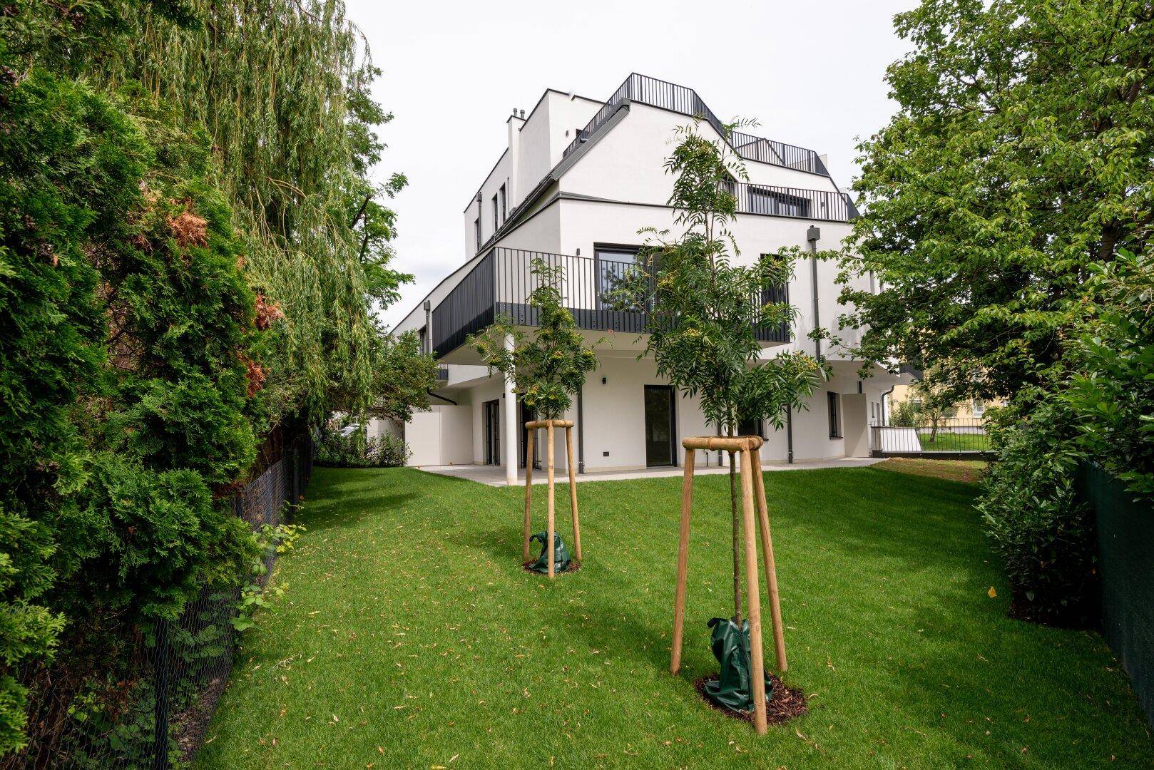 Blick vom Garten auf die moderne weiße Gebäudefassade mit schwarzen Balkongeländern und jungen Bäumen.