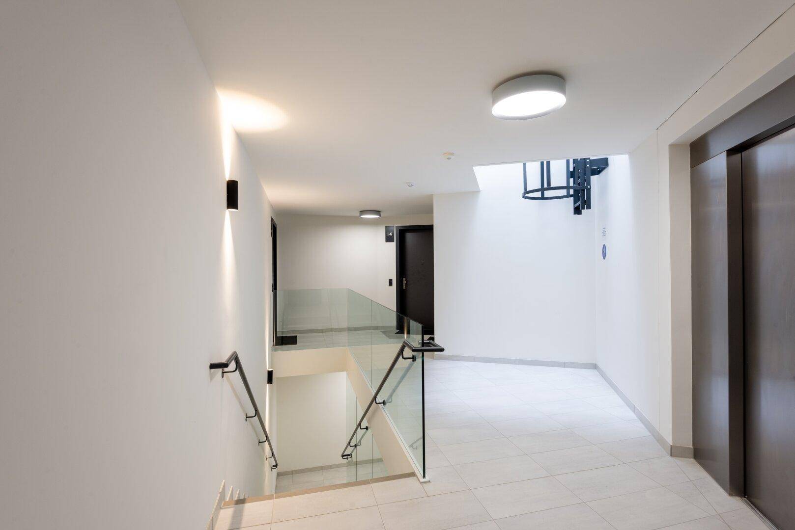 Moderner Eingangsbereich mit Aufzug, Treppenhaus mit Glasgeländer und minimalistischer Beleuchtung.