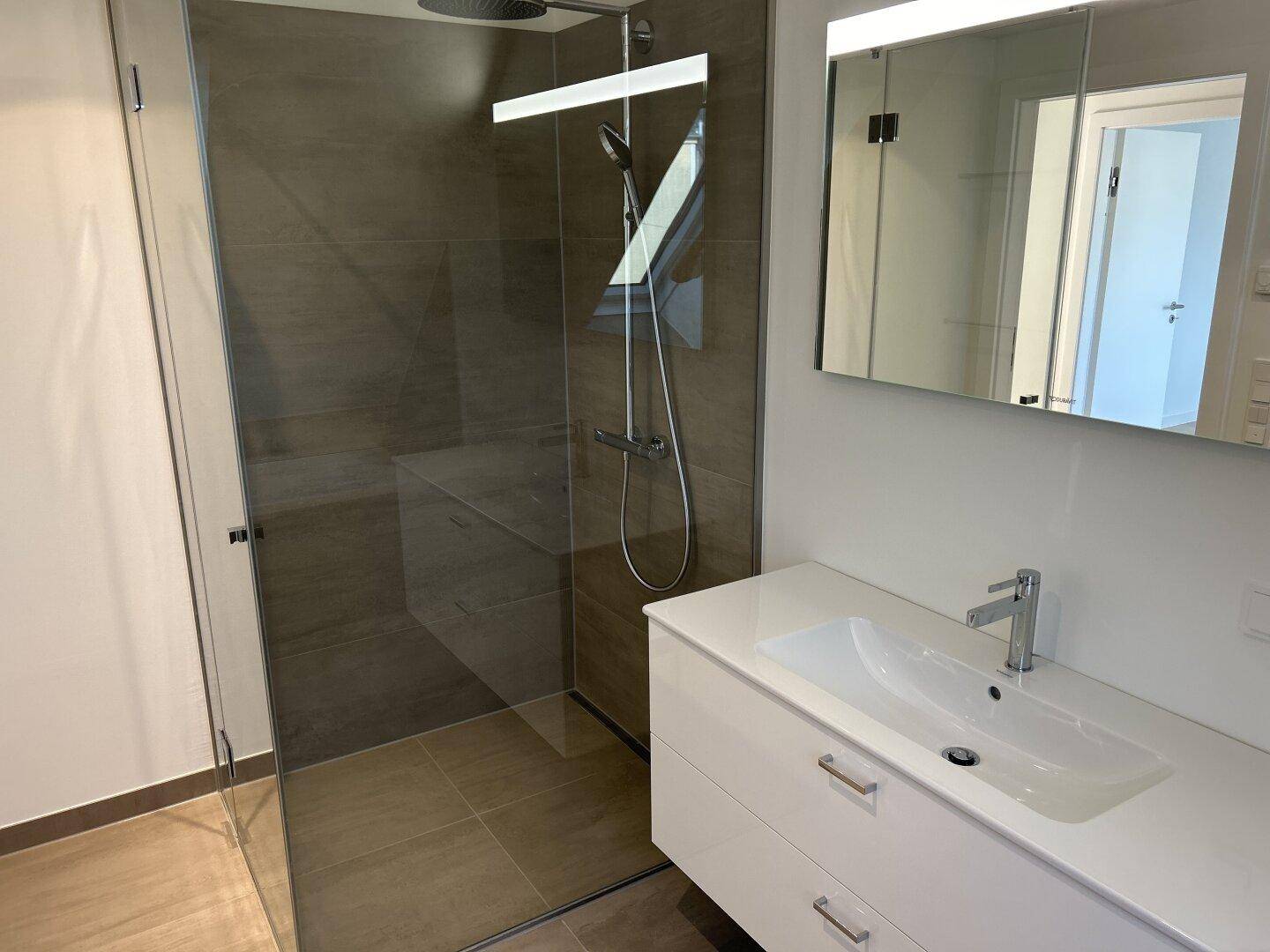 Elegantes Badezimmer mit großer begehbarer Dusche, modernem Waschtisch und Spiegelschrank.