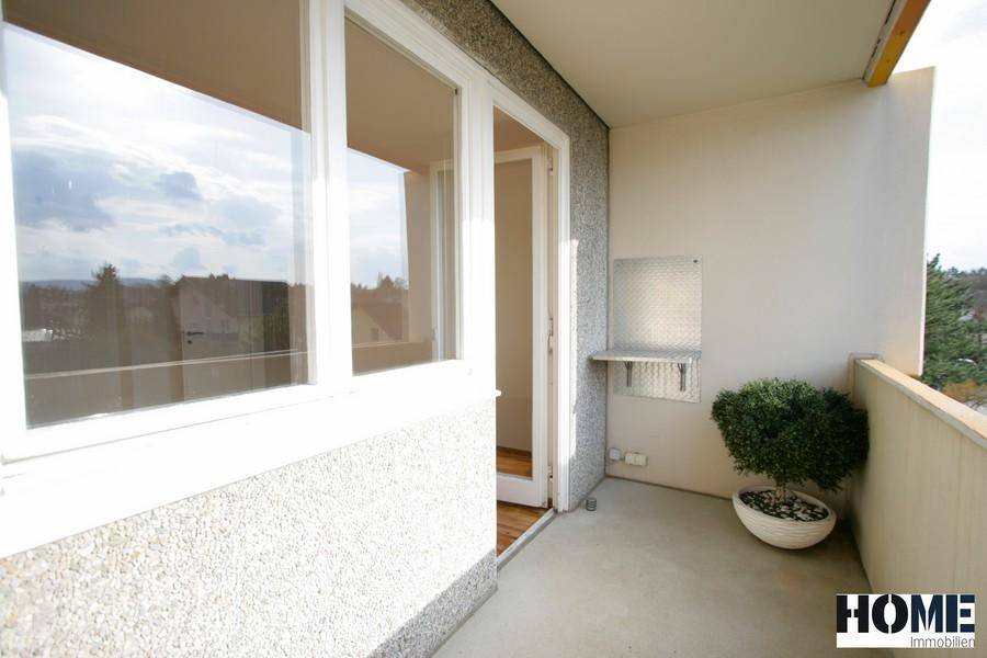 Kleiner Balkon mit Blick auf die Umgebung und einer Topfpflanze.