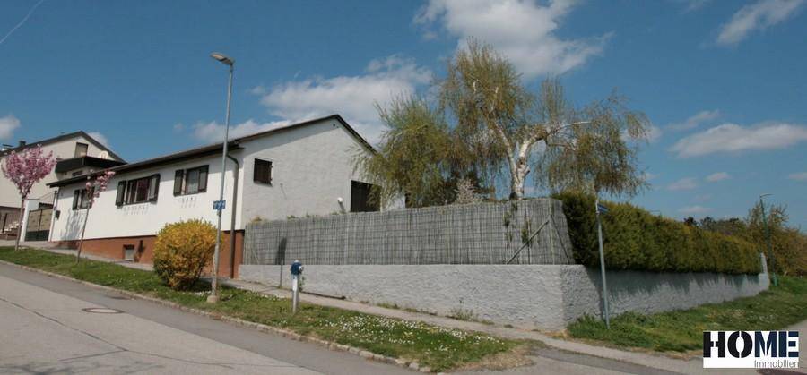 Seitenansicht des Hauses von der Straße aus mit Hecke und Bäumen.