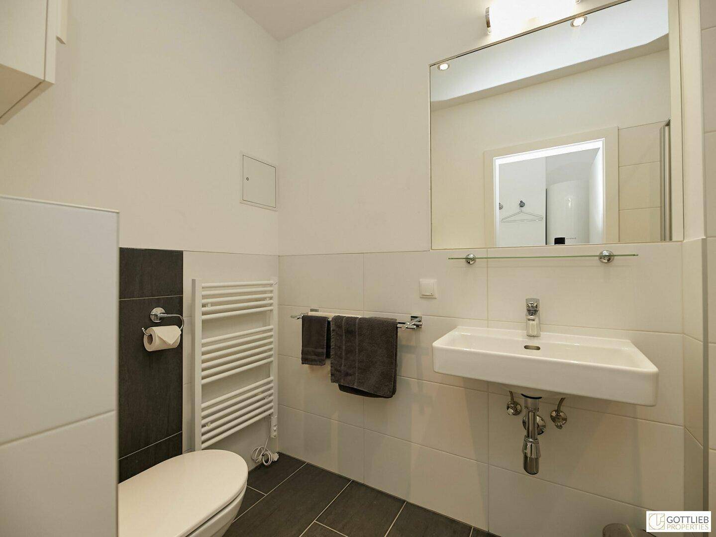Badezimmer mit WC, Waschbecken, beheiztem Handtuchhalter und modernen Fliesen.