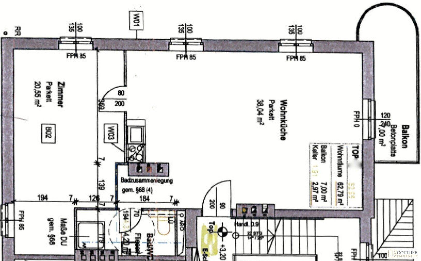 Grundriss der Wohnung mit Wohnküche, Zimmer und Balkon.
