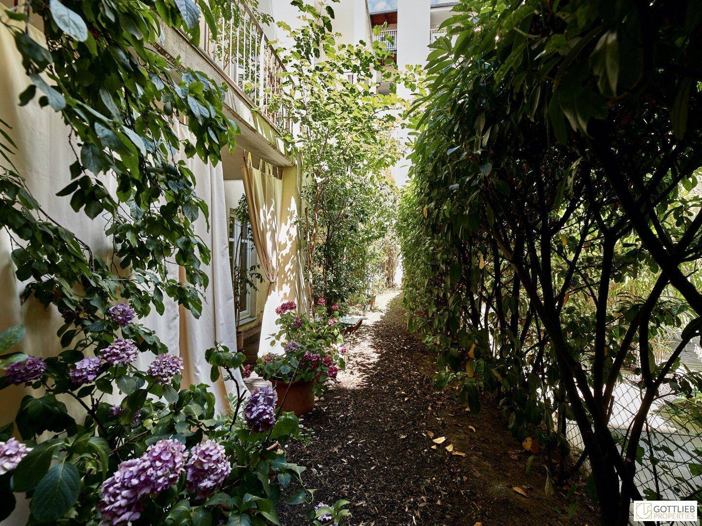 Sonniger Gartenweg umgeben von hohen Hecken und blühenden Pflanzen.
