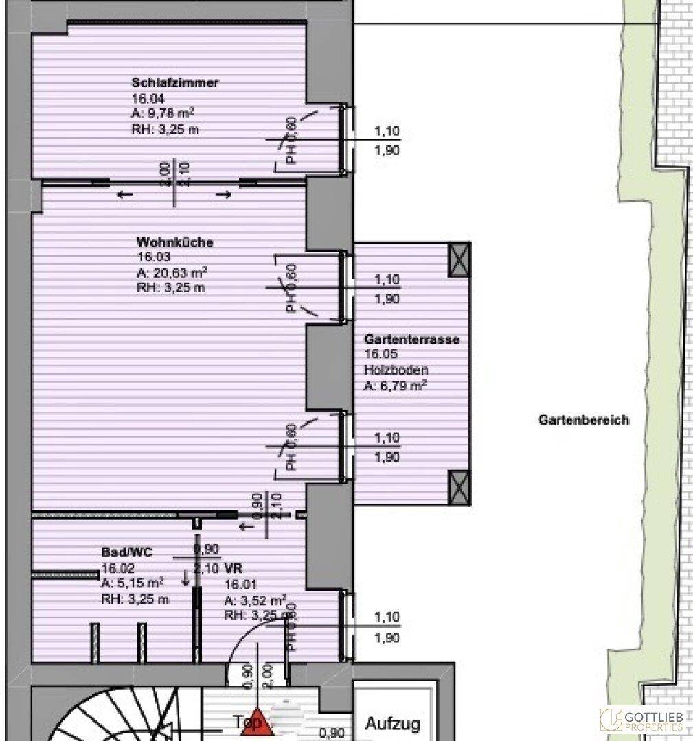 Grundriss zeigt Schlafzimmer, Wohnküche, Bad und Gartenterrasse.