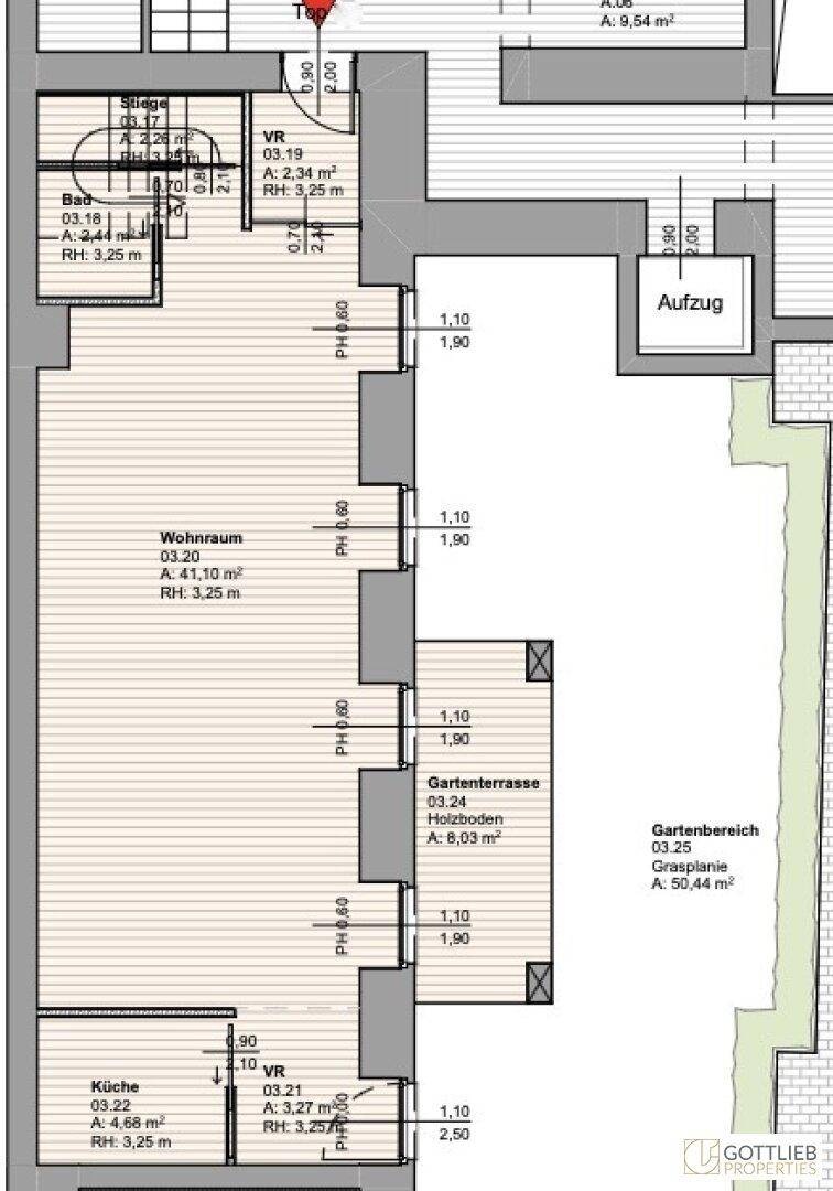 Ausschnitt des Grundrisses mit Wohnraum, Küche, Gartenterrasse und Gartenbereich.