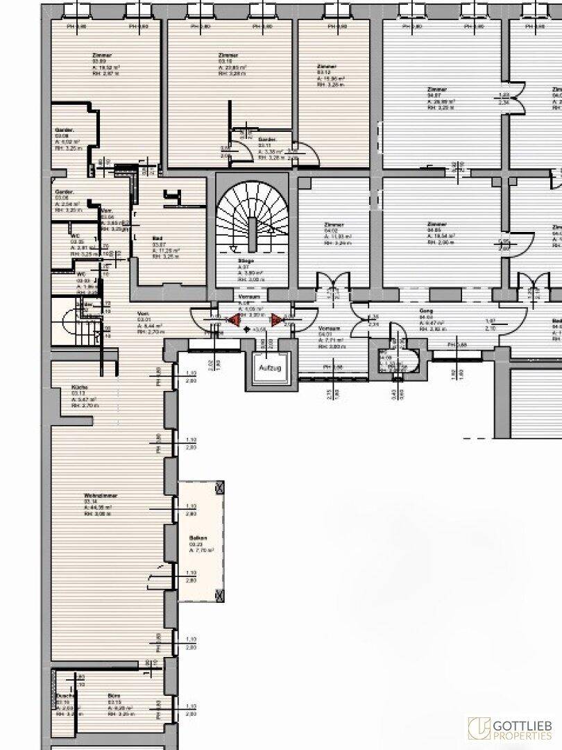 Detaillierter Grundriss mit mehreren Zimmern, Treppenhaus und Aufzug im Gebäude.