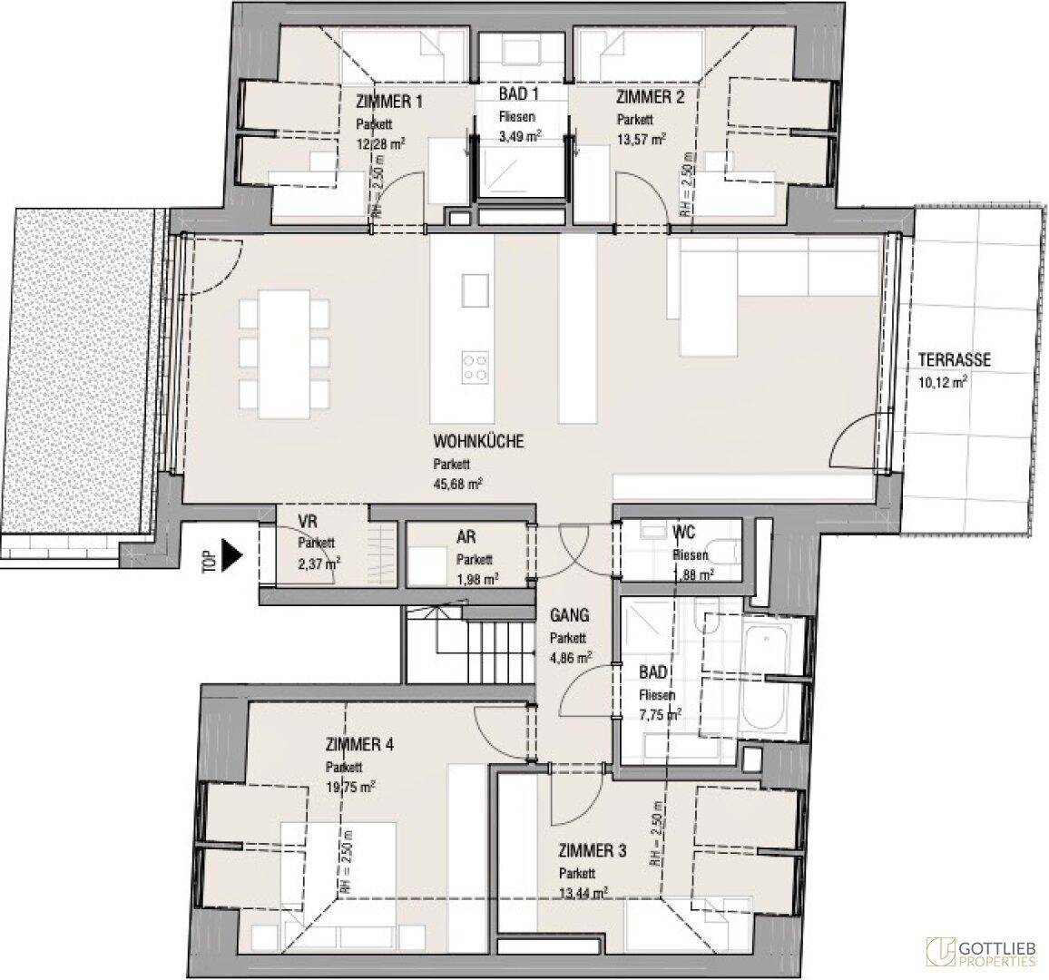 Grundriss einer Wohnung mit offener Wohnküche, vier Zimmern und großer Terrasse.