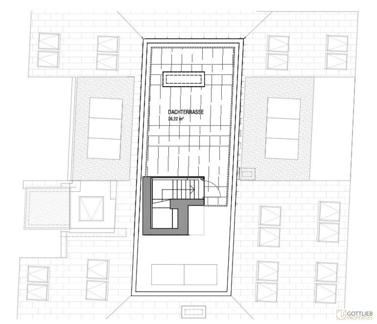 Grundriss der Dachterrasse mit Zugang über eine interne Treppe.