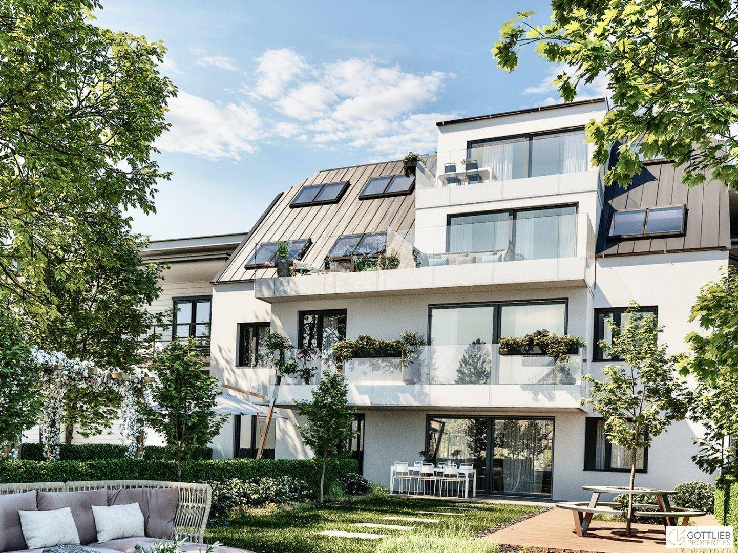 Moderne Wohnanlage mit großzügigen Terrassen, Balkonen und einem gepflegten Gartenbereich.