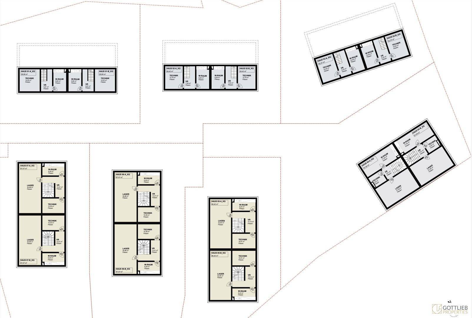 Grundrisse von Kellerräumen und Technikbereichen, die die unterirdische Aufteilung der Gebäude zeigen.