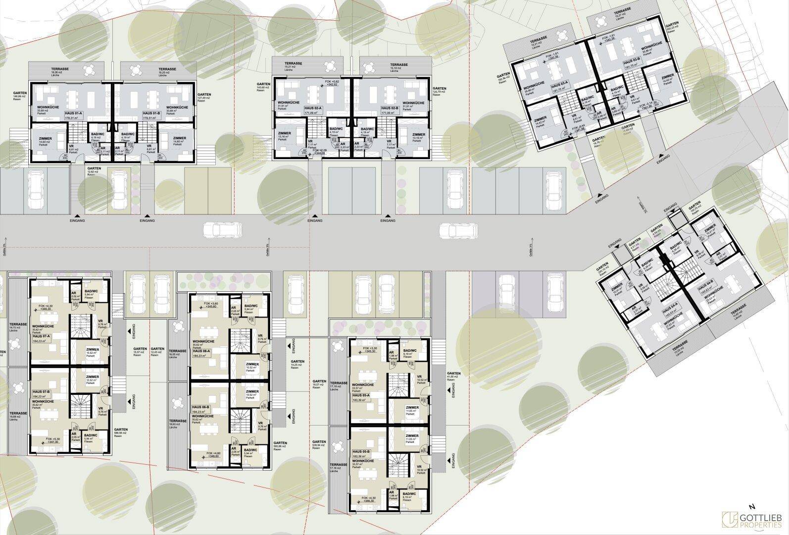 Übersichtsplan mit mehreren Grundrissen, die verschiedene Wohneinheiten mit Terrassen und Gärten zeigen.