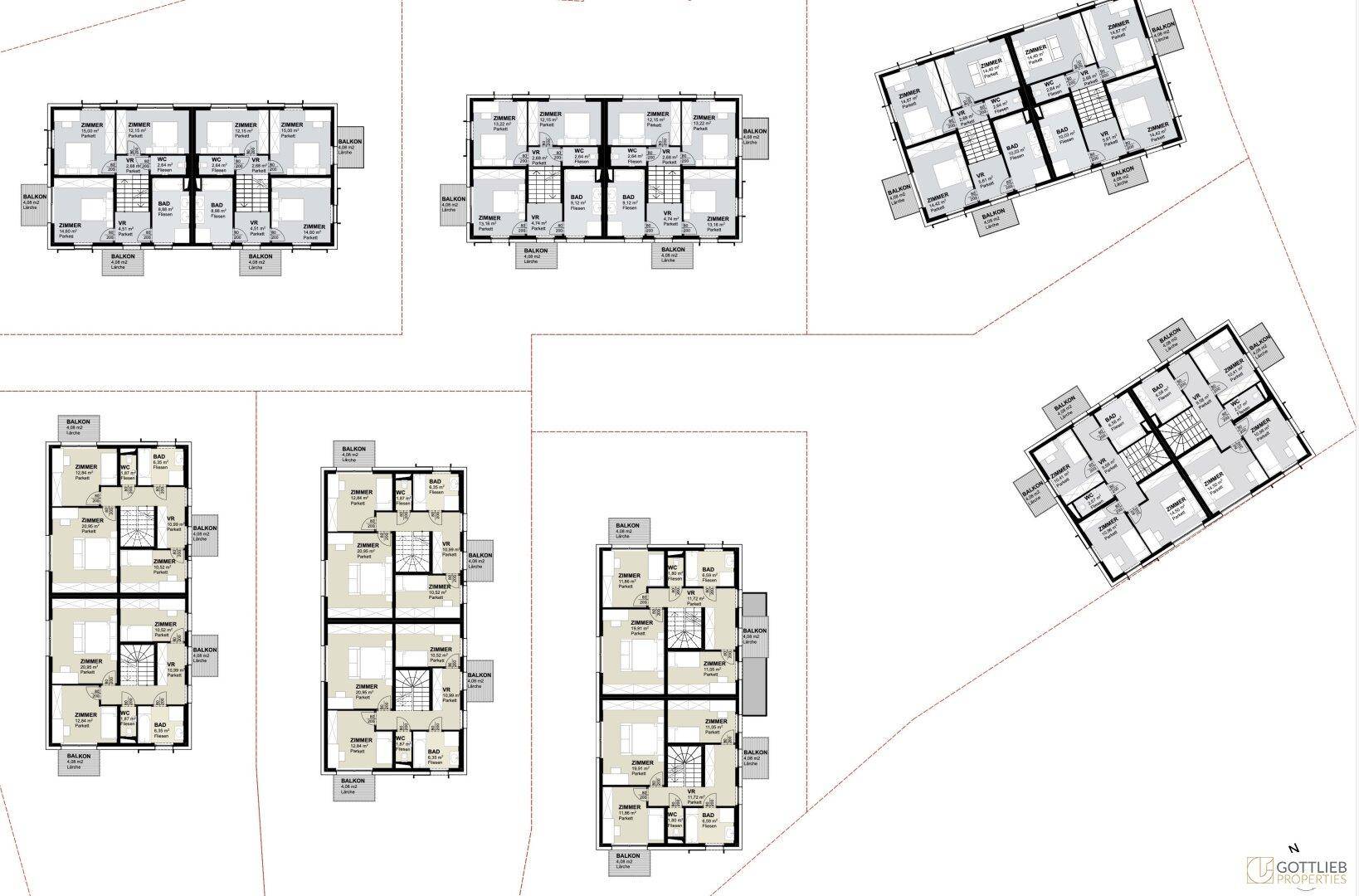Mehrere detaillierte Grundrisse, die verschiedene Ebenen von Wohneinheiten mit Zimmern und Bädern darstellen.